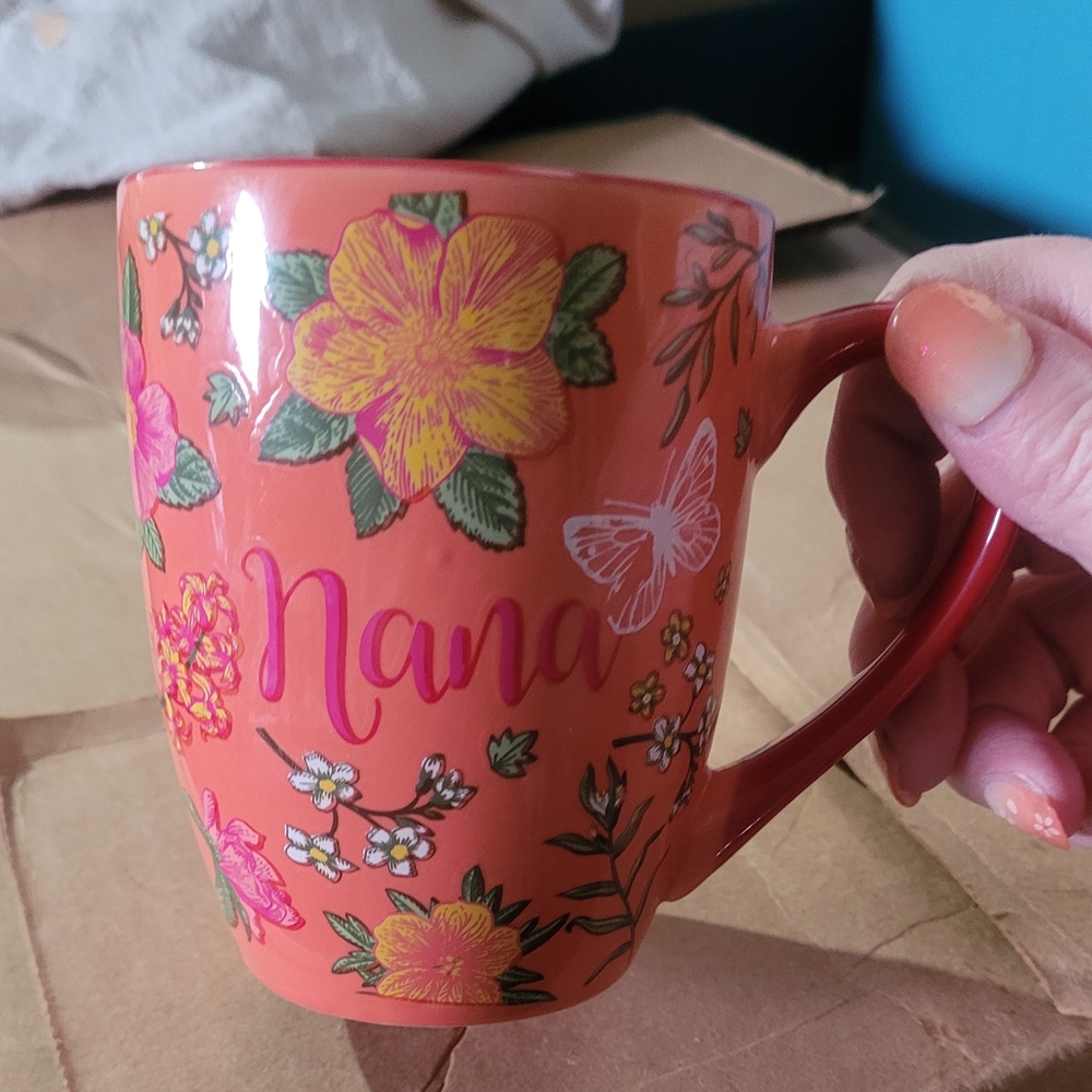Orange and Yellow Floral Mug with Butterflies